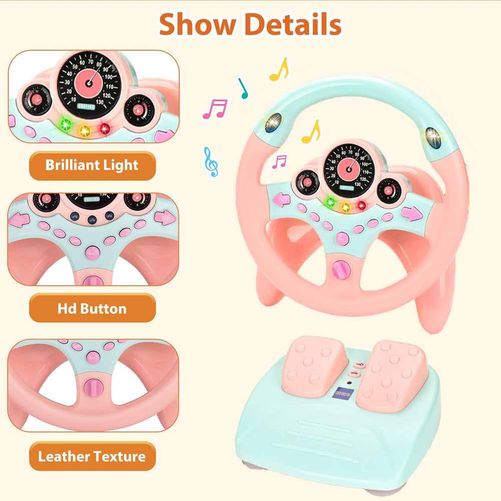 RedCrab steering wheel strapped to car seat for secure play
