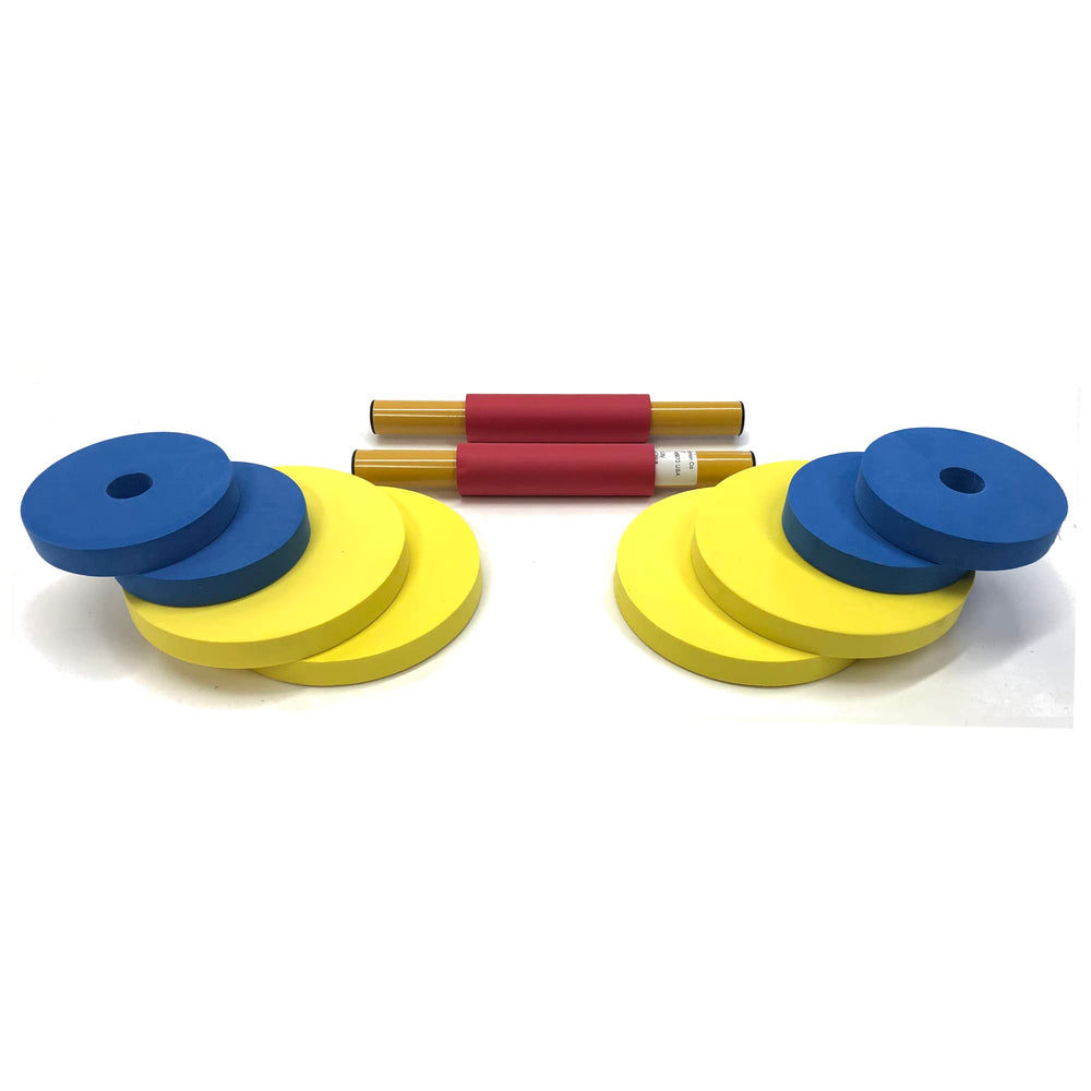 Redmon For Kids Dumbbell Set retainers secure discs for quick, tidy setup.