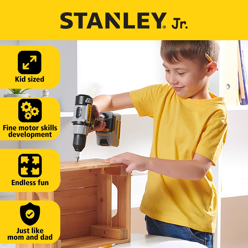 Red Toolbox Stanley Jr. drill battery compartment with included batteries enables instant setup.