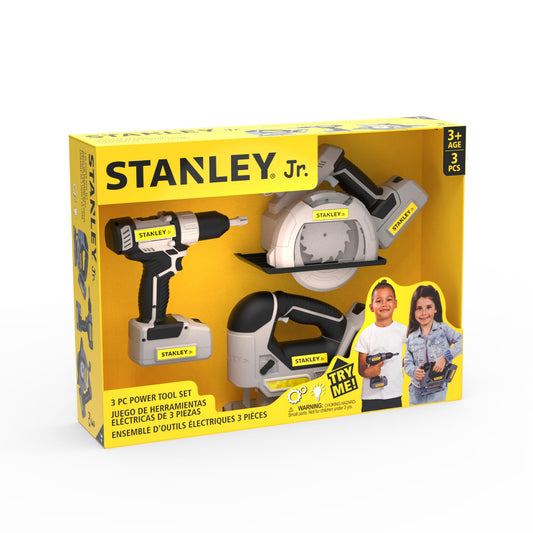 Red Toolbox Stanley Jr. drill toy for kids promotes imaginative construction play with batteries included.