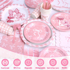 REDWORD pink bow garland creates charming accents across the party space.