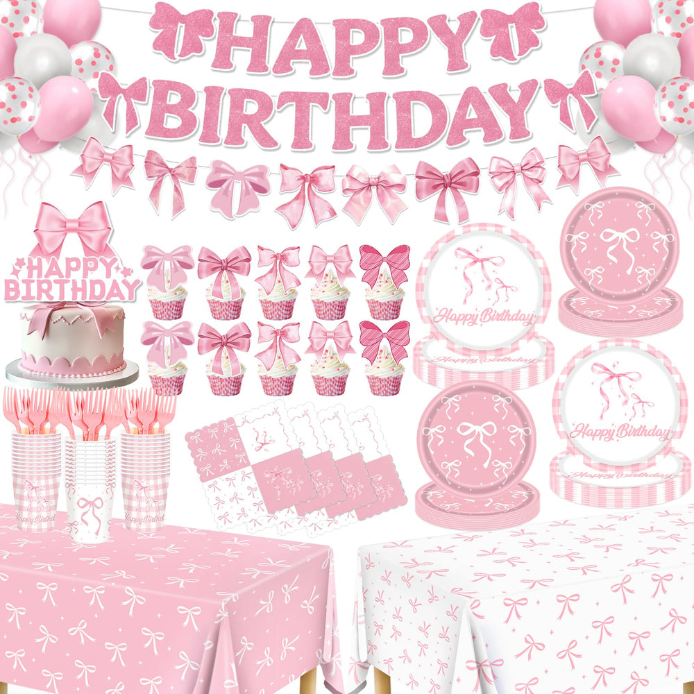 REDWORD pink bow plates and napkins set for a coordinated party table and easy cleanup.