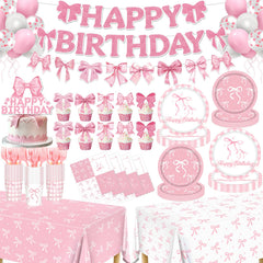 REDWORD pink bow plates and napkins set for a coordinated party table and easy cleanup.