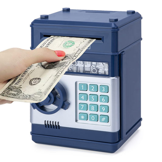 Refasy electronic piggy bank navy front view, compact kid-friendly design