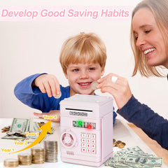 Refasy electronic piggy bank password dial showing protection for kids.
