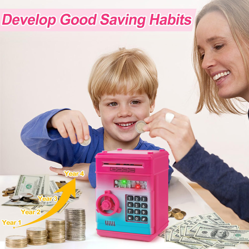 Refasy password-protected piggy bank panel demonstrates secure access feature.