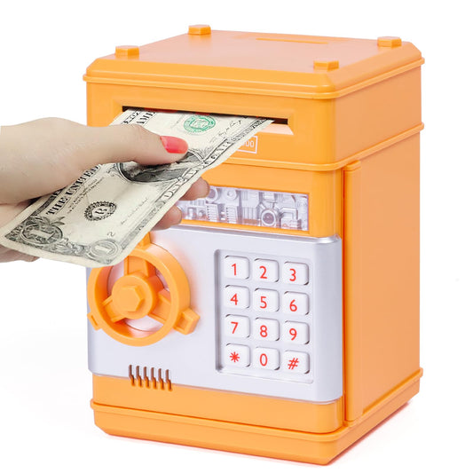Refasy Piggy Bank Orange front view shows a durable ABS shell for safe saving.