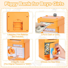 Refasy Piggy Bank Orange money scroll illustrates automatic paper money intake for easy saving.
