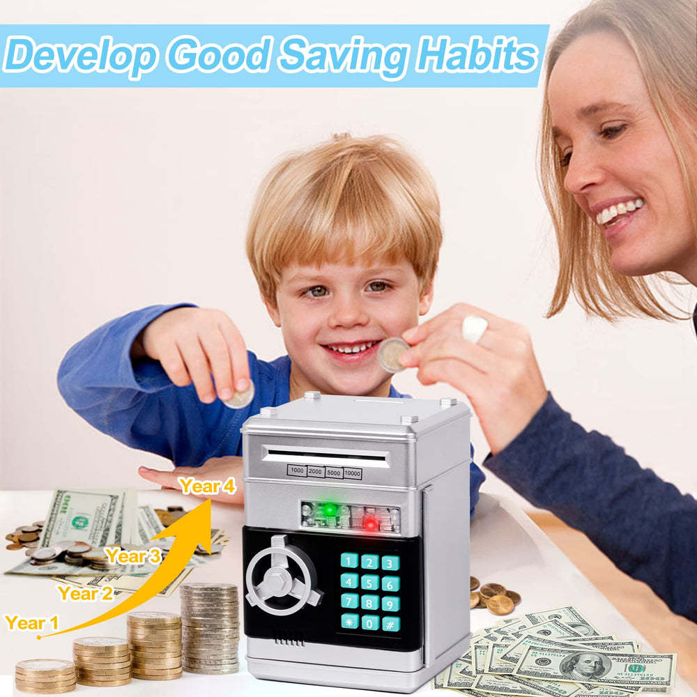 Refasy piggy bank password panel shows four-digit keypad for secure saving.
