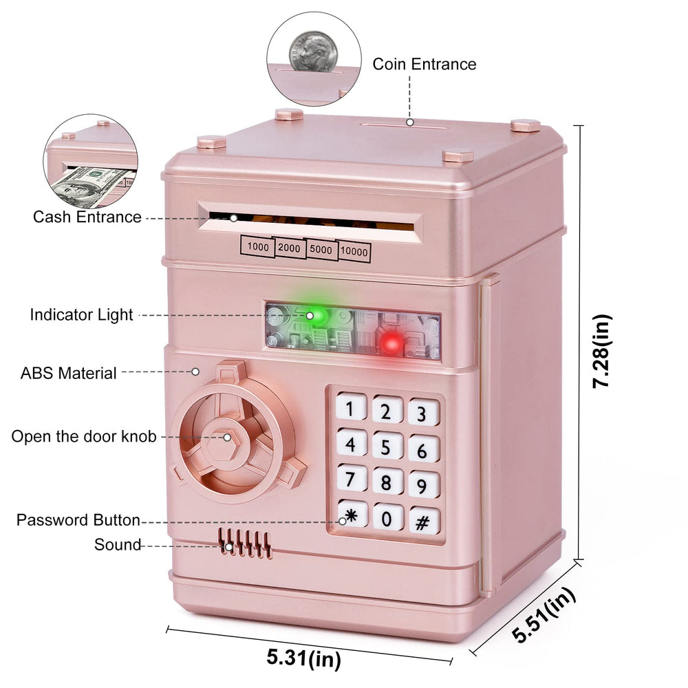 Refasy piggy bank toy displaying coin and paper money storage capacity.