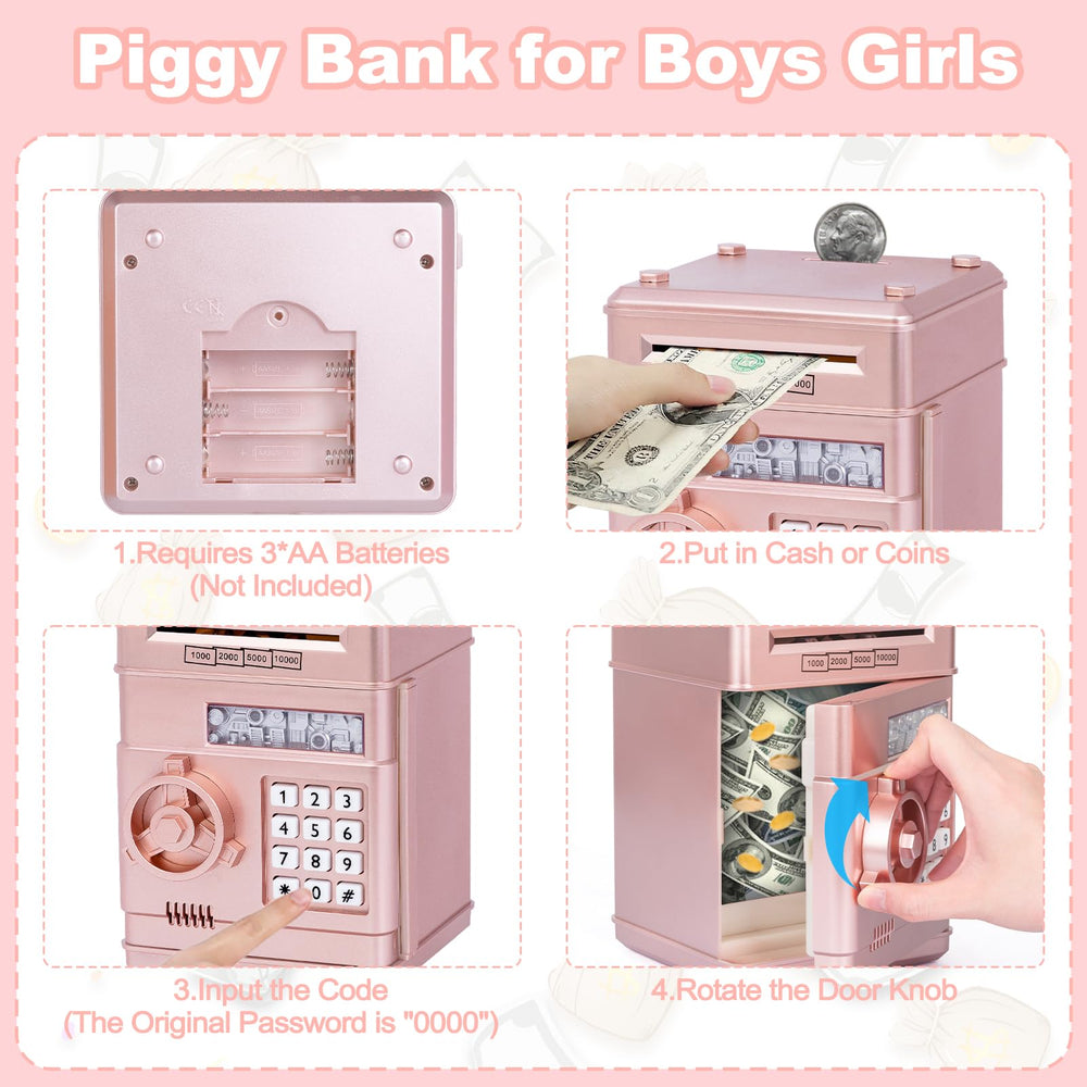 Refasy piggy bank toy showing automatic paper money scroll feature.