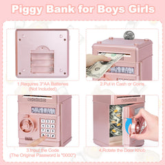 Refasy piggy bank toy showing automatic paper money scroll feature.