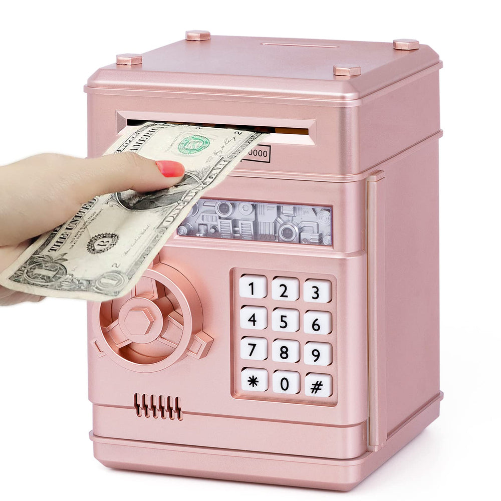 Refasy piggy bank toy in rose gold, front view showing design and finish for kids.