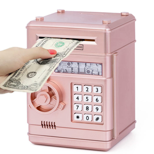 Refasy piggy bank toy in rose gold, front view showing design and finish for kids.