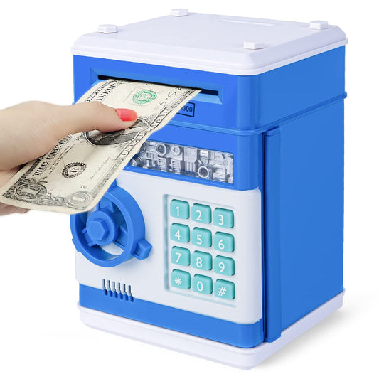 Refasy safe piggy bank blue front view shows durable plastic