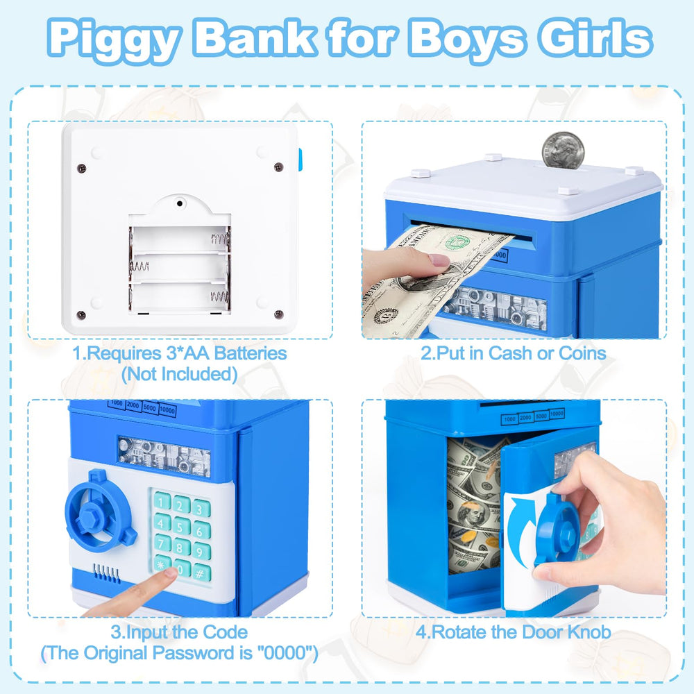 Refasy safe piggy bank blue note scroll demonstrates automatic money roll