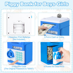 Refasy safe piggy bank blue note scroll demonstrates automatic money roll