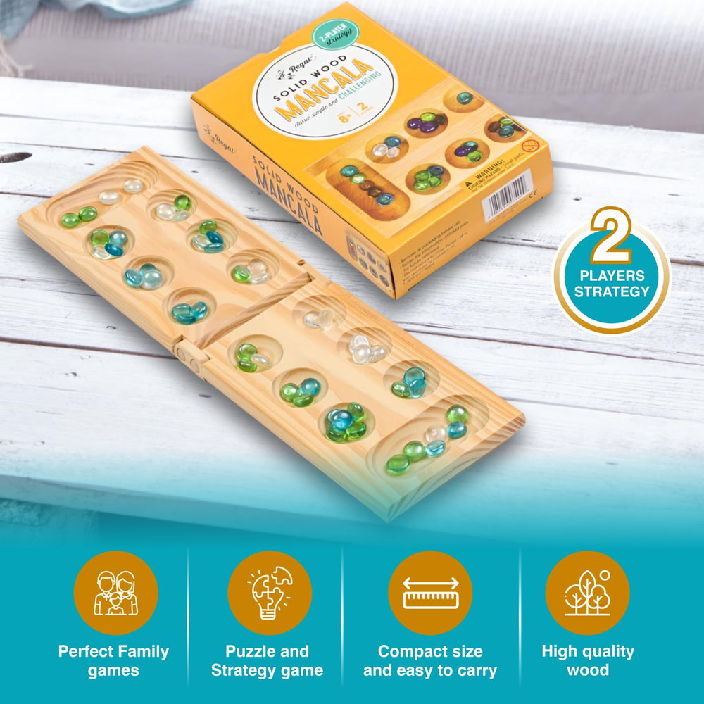 Regal Games Mancala two-player setup supports family gaming and quick learning.