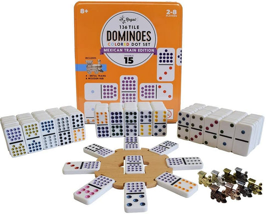 Regal Games Mexican Train dominoes 136 tiles with colorful dots for easy visibility.