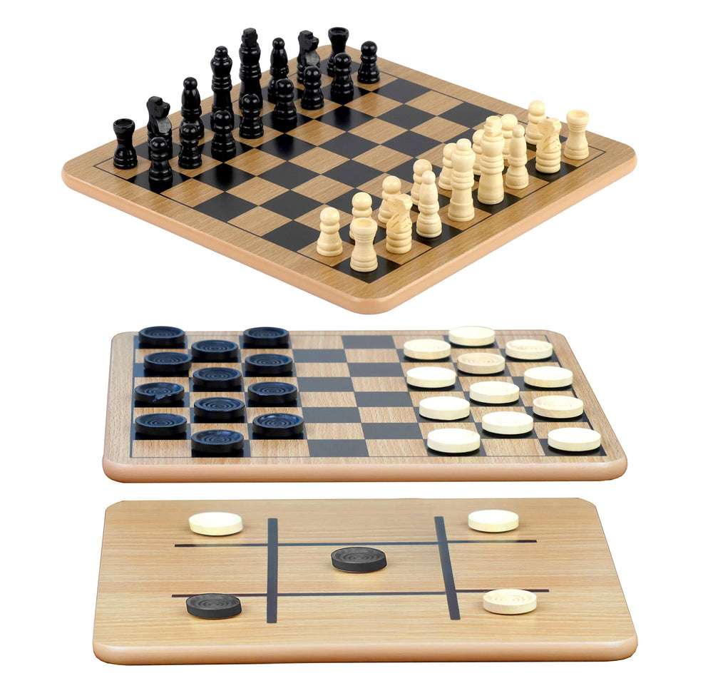 Regal Games reversible wooden board for chess, checkers and tic tac toe, versatile for family play.