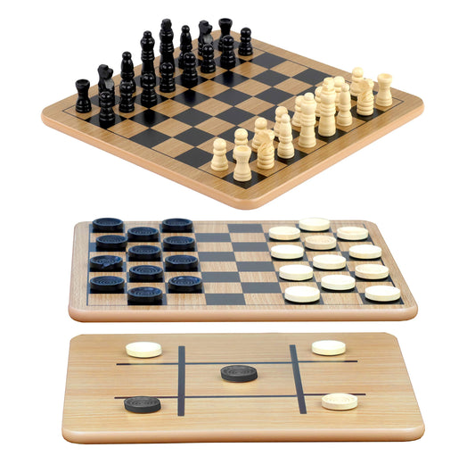 Regal Games reversible wooden board for chess, checkers and tic tac toe, versatile for family play.