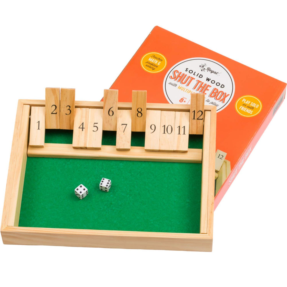 Regal Games Shut The Box wooden box front view, durable tabletop game