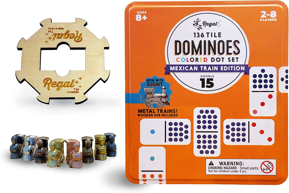 Regal Games wooden hub centers the play area for smooth Mexican Train setup.