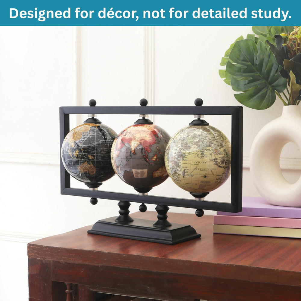 RELY+ earth globes rotating on desktop showcase geographic details for conversation