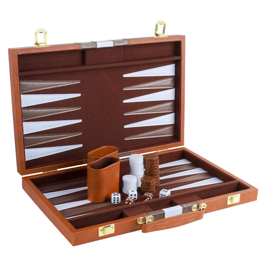 RERIVER Backgammon Set in closed brown leather case for easy travel