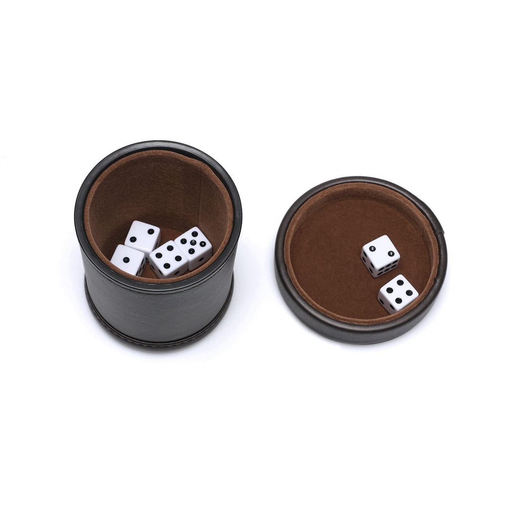 RERIVER game-night setup showing the dice cup and included dice.