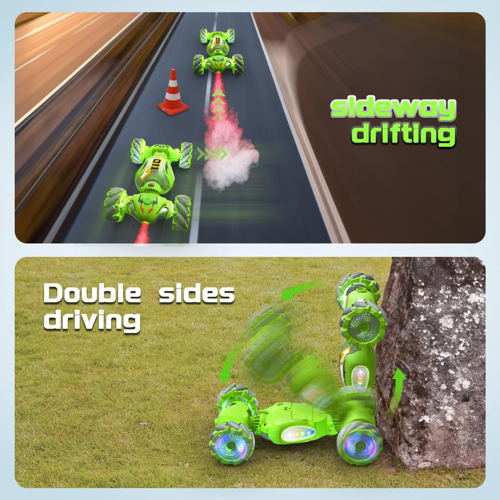 Resosese RC stunt car all-terrain tires handle roads, grass, sand for versatile use.