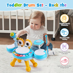 Resosese Toddlers Drum Set detachable microphone for interactive singing.