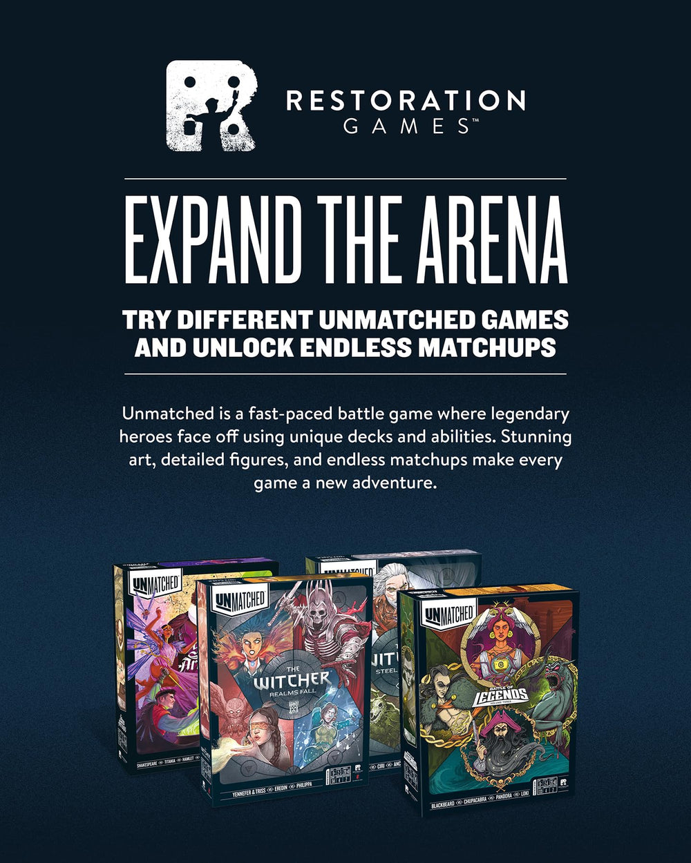 Restoration Games Unmatched 2-3 player box includes all pieces for quick sessions