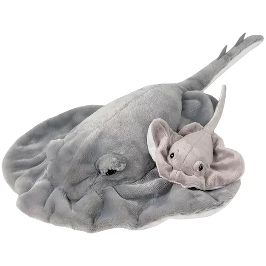 Rhode Island Novelty Adventure Planet stingray with baby plush on display enhances kid-friendly decor.