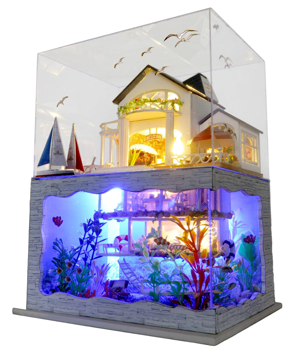 RHZN miniature house kit with exquisite dollhouse features for shelf display.