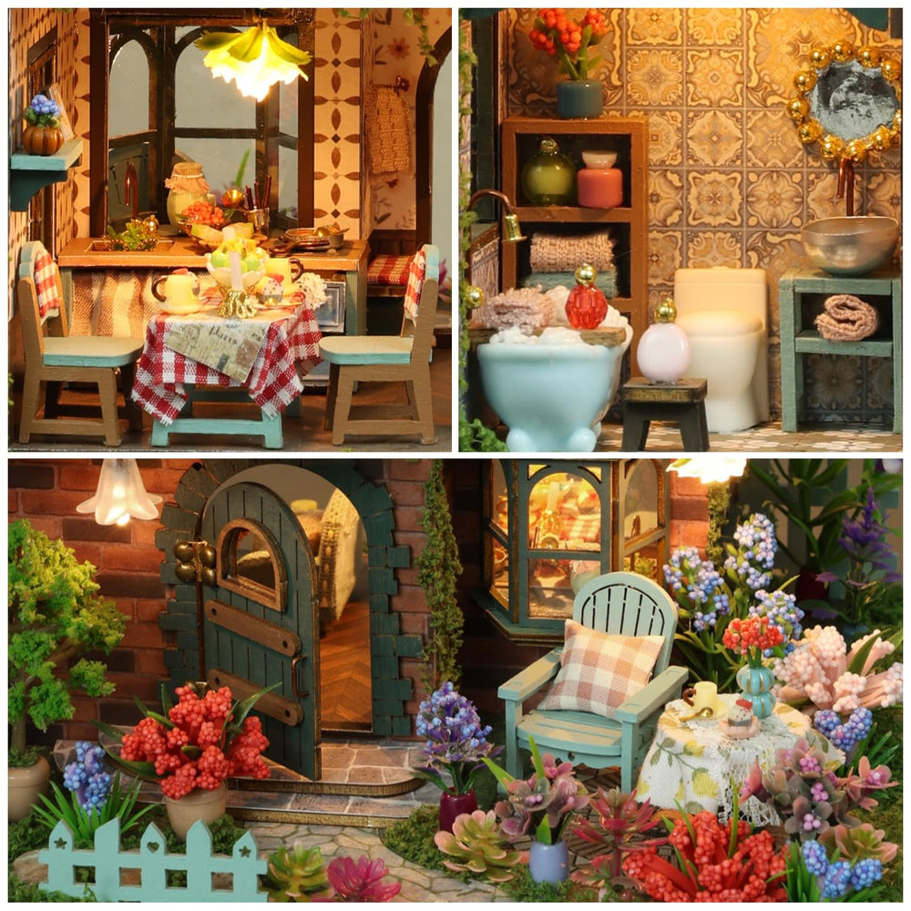 RHZN miniature house kit interior lit by LED for cozy ambiance