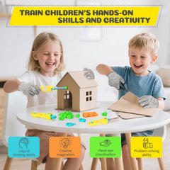 Kids create creative builds with the RIANEAN cardboard cutter kit.