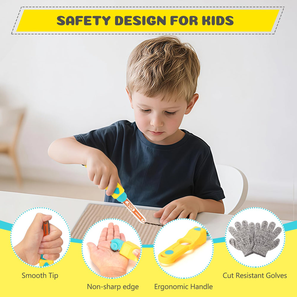 Thickened rounded handles help develop hand strength during cutting activities.