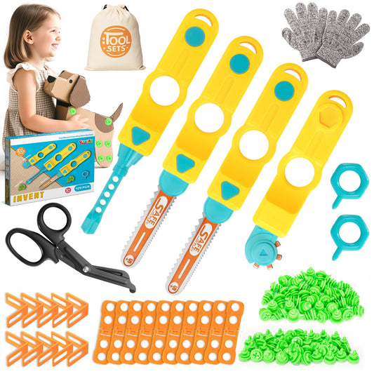 RIANEAN Cardboard Cutter Tools Kit for kids, enabling creative building.
