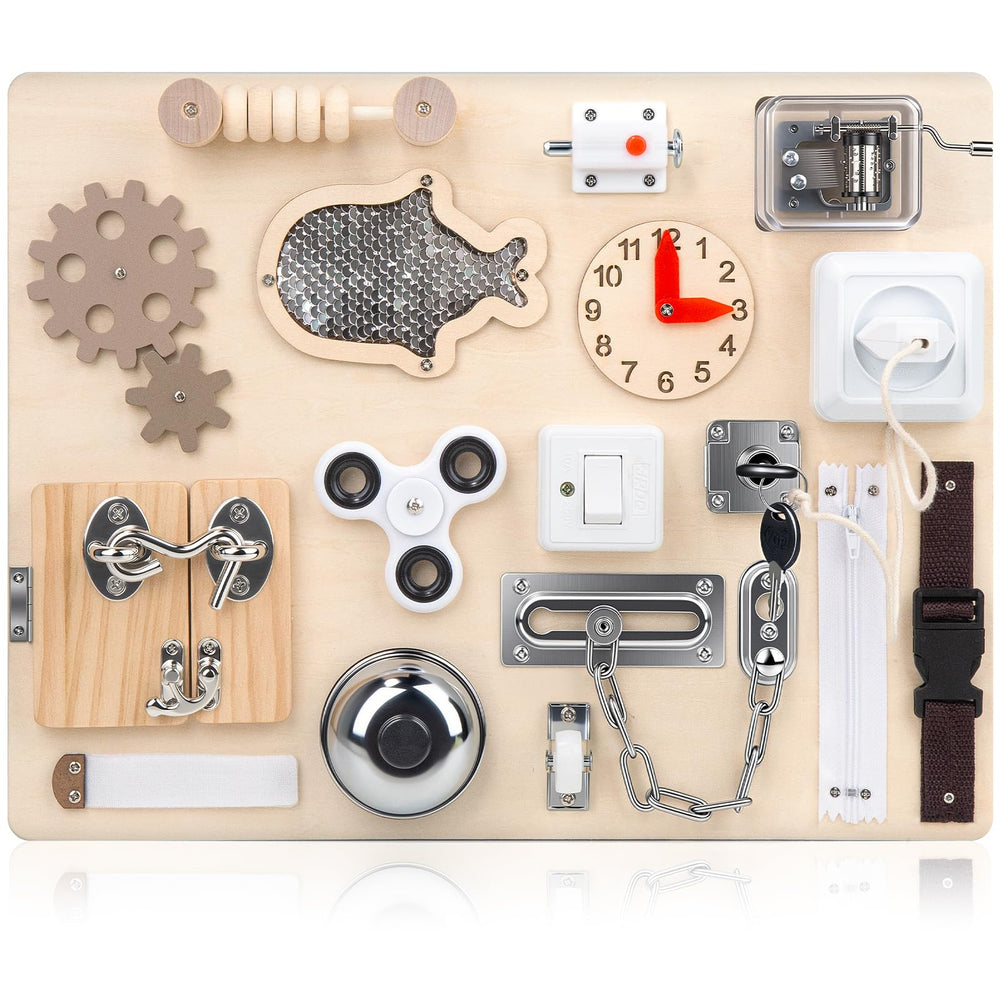 RIANEAN Montessori Busy Board with latches, supporting early fine motor skills in toddlers