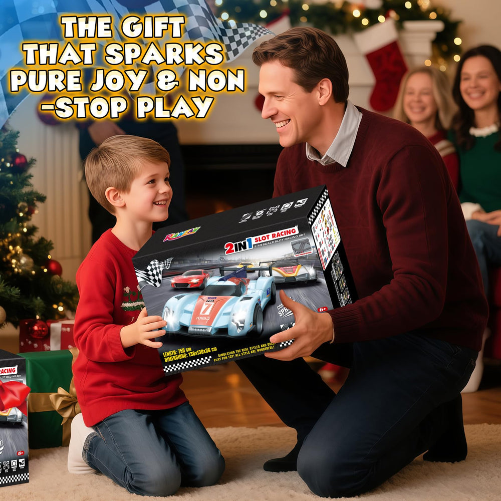 RIANEAN slot car track dual power controllers let kids switch speeds easily.