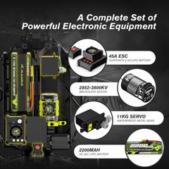RIAARIO brushless motors and 45A ESC provide speed and water resistance.