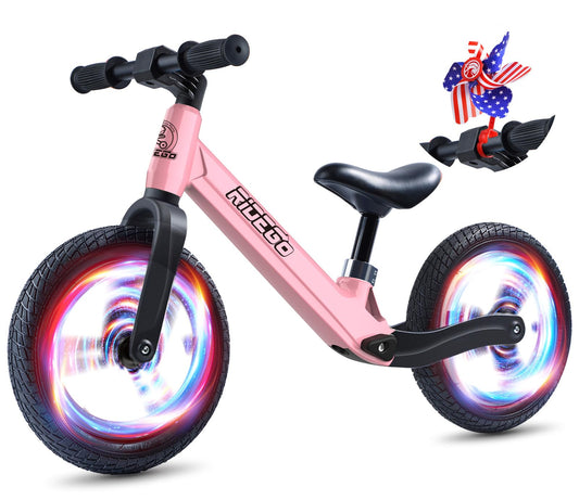 Ridego 12-Inch Balance Bike front view showing a lightweight frame for easy sidewalk handling.