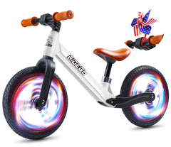 Ridego 12-Inch balance bike front view with glow wheel lights for extra visibility