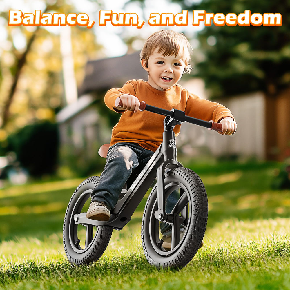 Ridego 14inch balance bike gift-ready packaging suggests ideal birthday present.