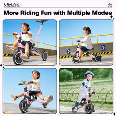 Ridego pink tricycle designed for ages 2–5, versatile and fun.