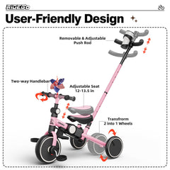 Ridego pink tricycle frame close-up shows sturdy construction.