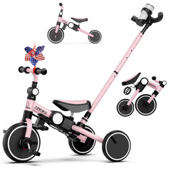 Ridego 5-in-1 pink tricycle, front view, foldable frame for easy storage.