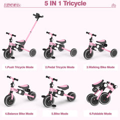Ridego pink tricycle with push handle side view, ideal for caregiver control.
