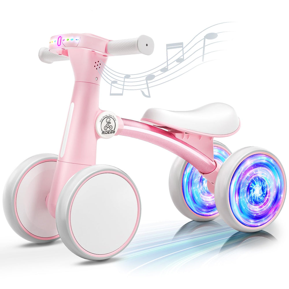 Ridego colorful lighting baby balance bike front view with glow wheels for visibility